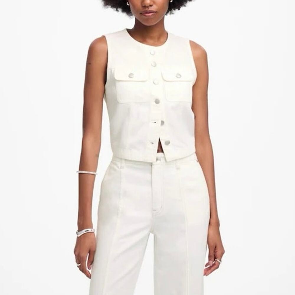 Madewell Cropped Denim Vest: Airy Denim Edition In Tile White Size Small